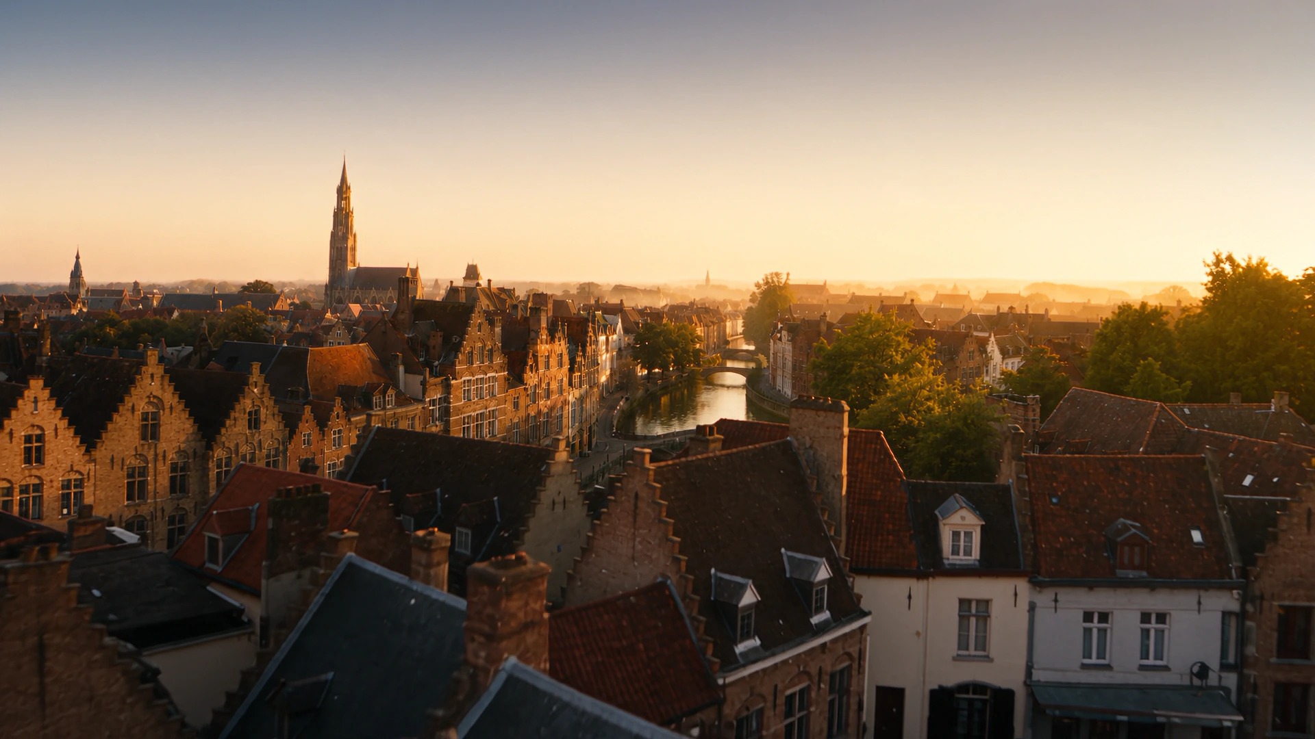 Bruges rooftops and a canal at golden hour, seen from above.